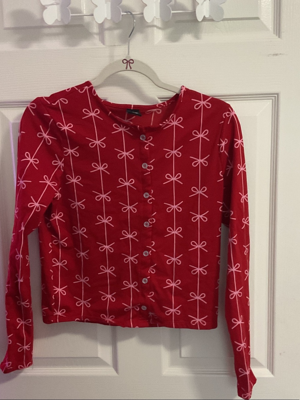 Girls' Red Long-Sleeve Button-Front Pajama Top with Pink Bow Print